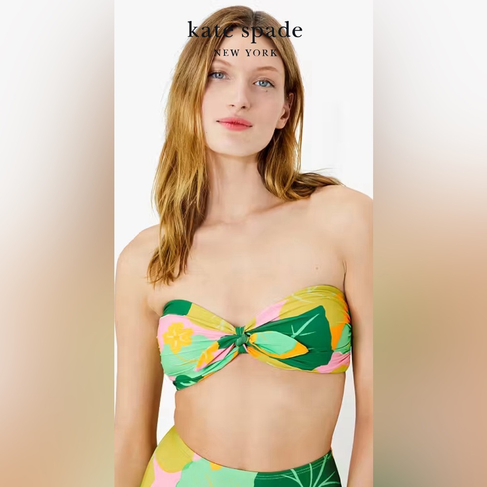 NEW Kate Spade Cucumber Floral Tie Front Bandeau Bikini Top Removable Strap S